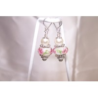 White with Pink Flowers Murano & Cream Pearl on Sterling Silver Earrings